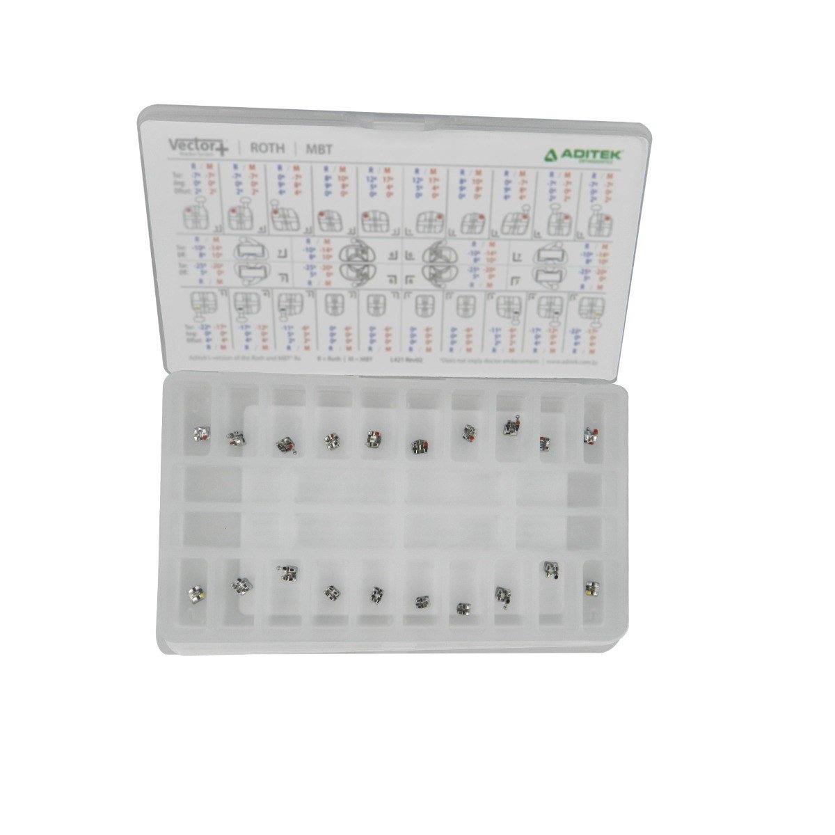 Aditek Vector+ MBT 022 metal brackets kit with hook for orthodontic treatment, featuring durable metal brackets by Aditek Orthodontics.