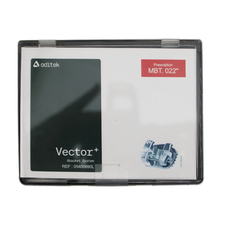 Aditek Orthodontics Vector+ MBT metal brackets kit with hooks for orthodontic dental braces, shown in the image.