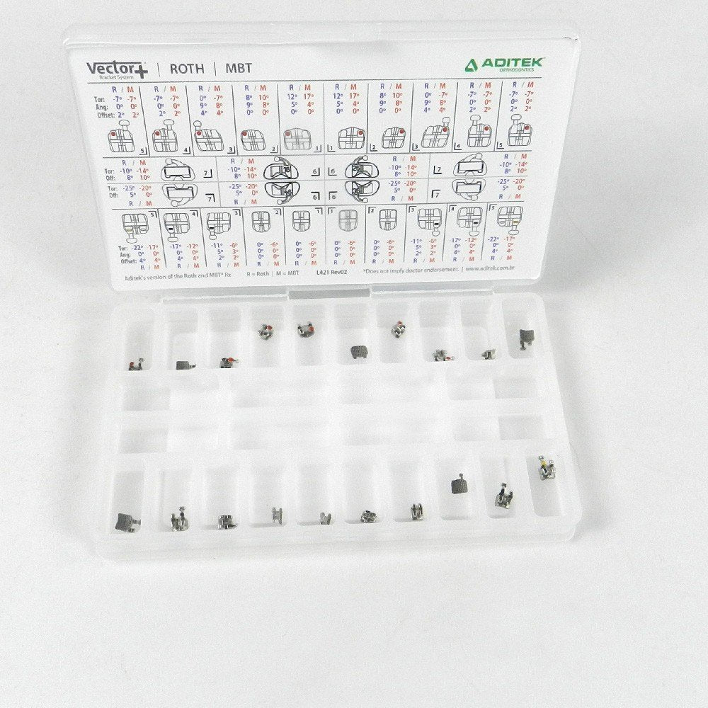 Aditek Vector+ MBT metal orthodontic brackets kit with hooks, used for braces and dental orthodontic treatment.