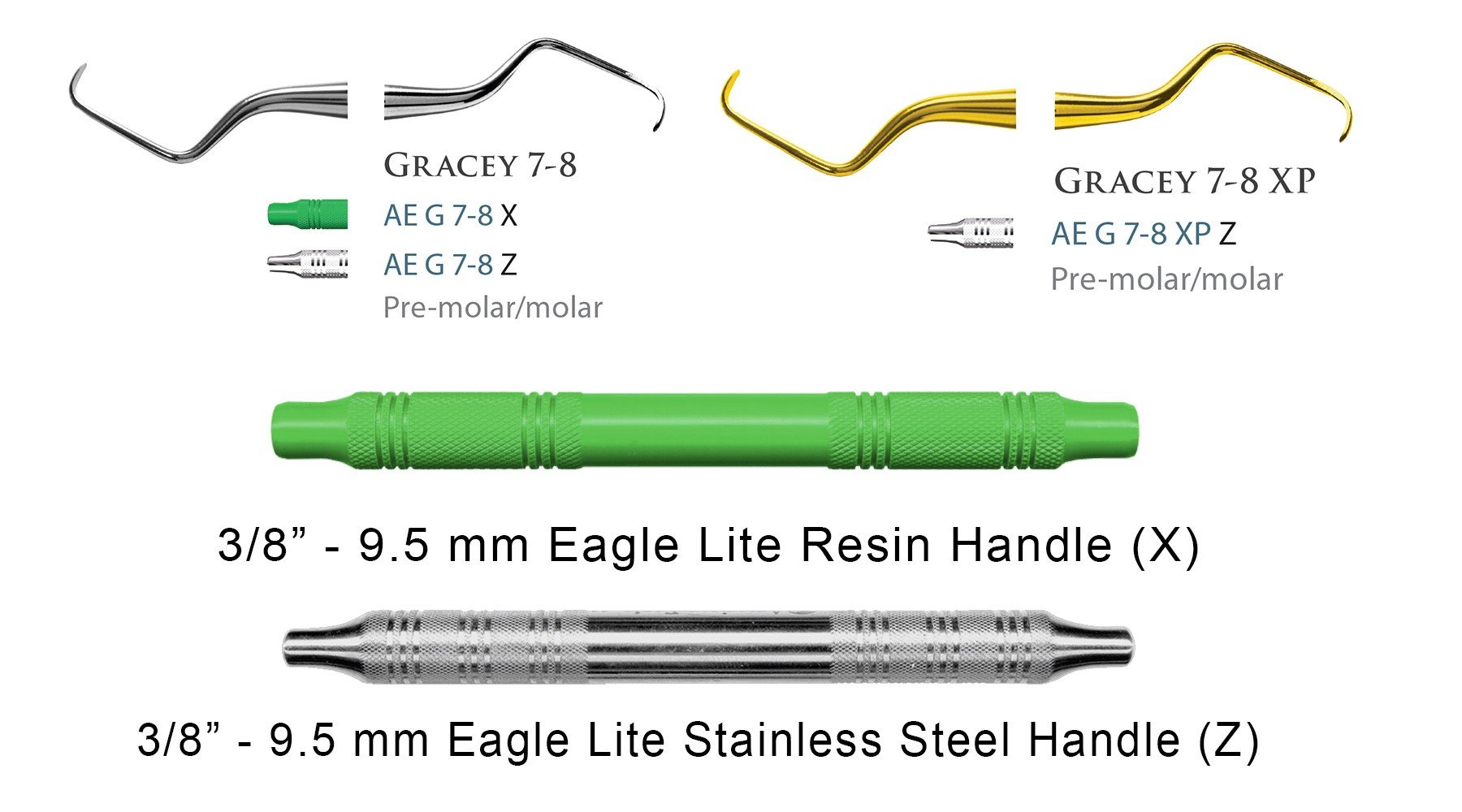 American Eagle Gracey Curettes periodontal instruments with black handles, used for precise gum and periodontal treatment.