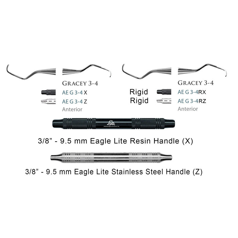 American Eagle Gracey Curettes periodontal instruments with black handles, used for precise gum periodontal cleaning.