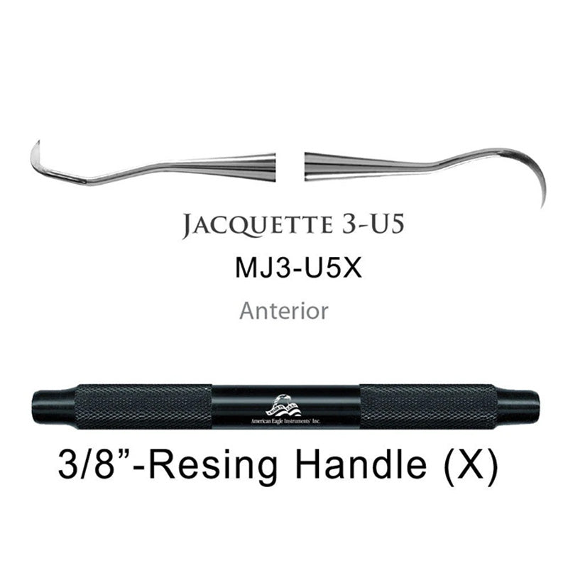American Eagle Anterior Scaler Jacquette with green resin handle, periodontal dental instrument, designed for precise cleaning and scaling.