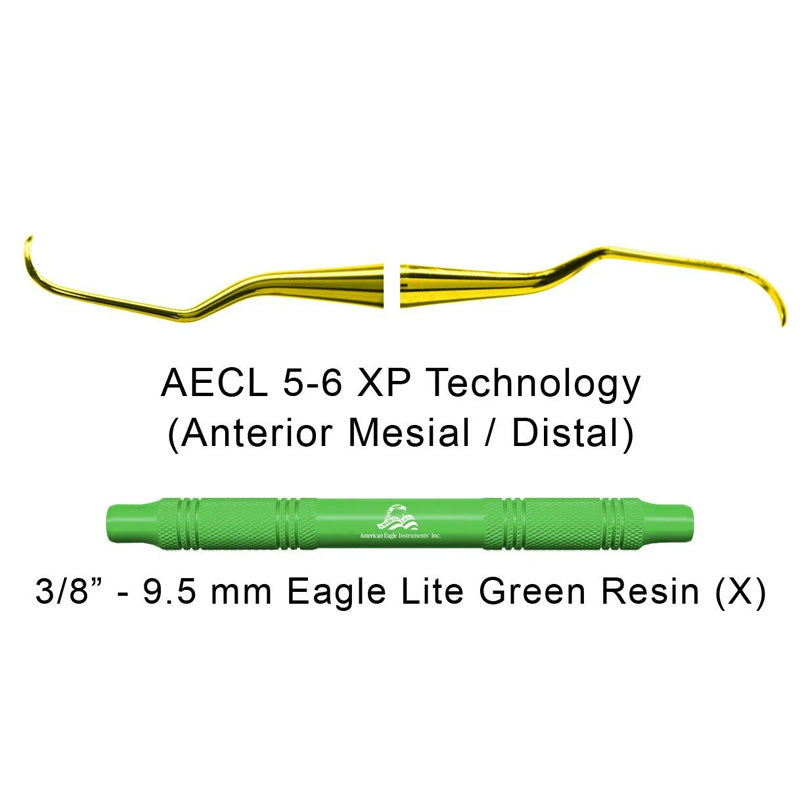 American Eagle periodontal curette Langer 5-6 with green resin handle and XP technology, used for dental periodontal procedures.