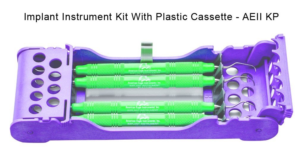 American Eagle periodontal implant instruments with green resin handles, designed for precise dental procedures.