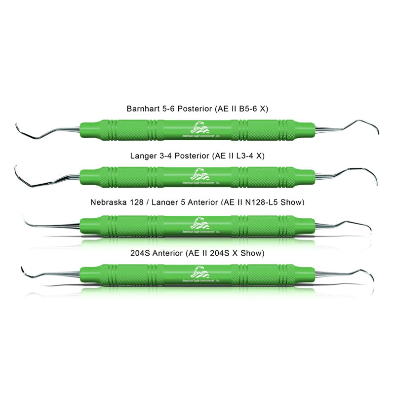 American Eagle periodontal implant instruments with green resin handle, designed for precise periodontal procedures.