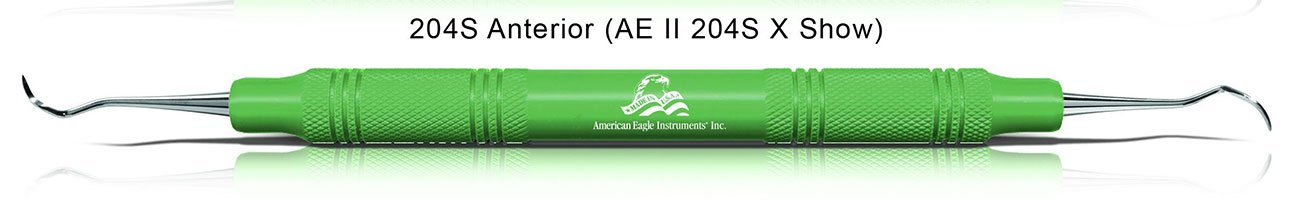 American Eagle periodontal implant instruments with green resin handles, designed for precise dental procedures.