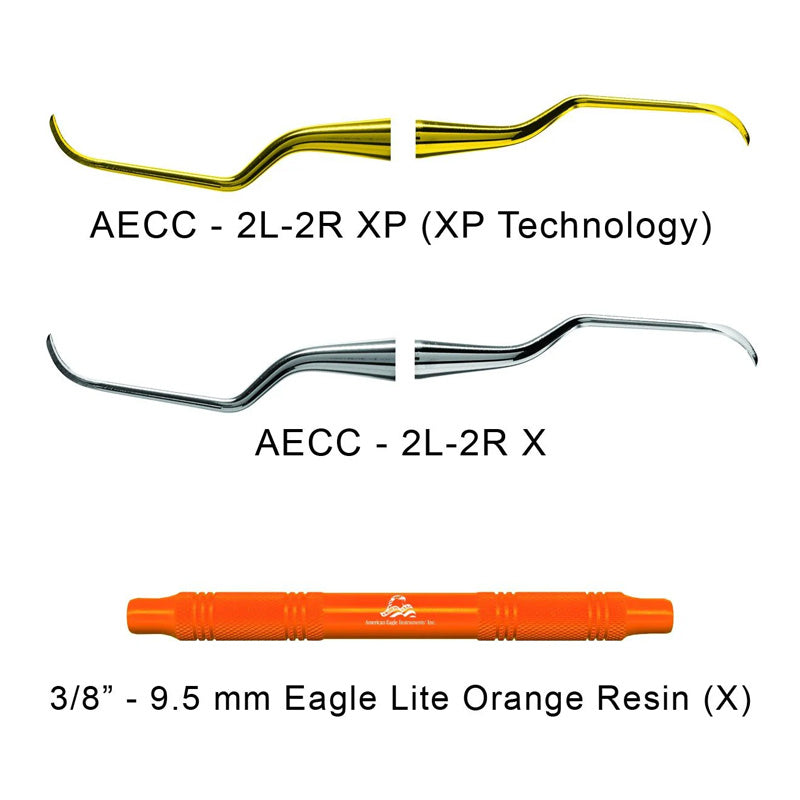 American Eagle periodontal curettes with orange resin handles, Columbia 2L-2R, designed for dental periodontal procedures.