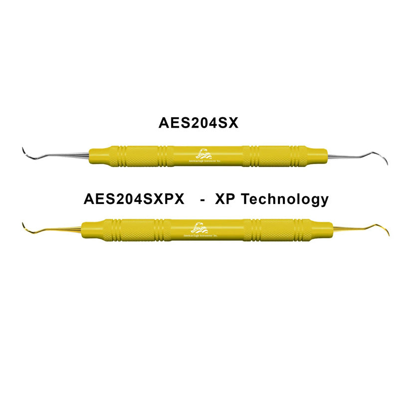 American Eagle Posterior Scalers 204S with yellow resin handle and XP technology, designed for periodontal dental cleaning.