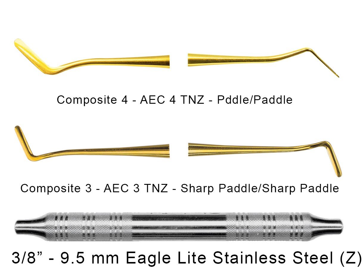 American Eagle composite plastic filling instruments with XP technology, featuring multiple paddles for restorative dental procedures.