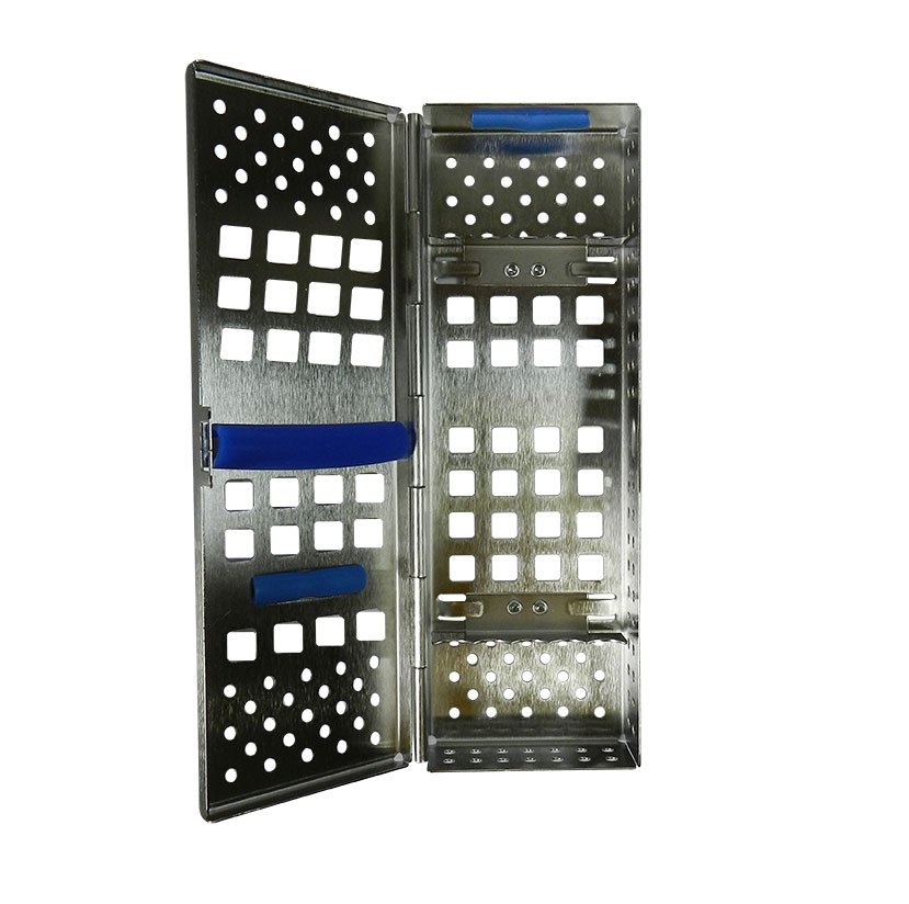 American Eagle sterilization cassette in steel for 5 instruments with open ventilation system and open vent design.