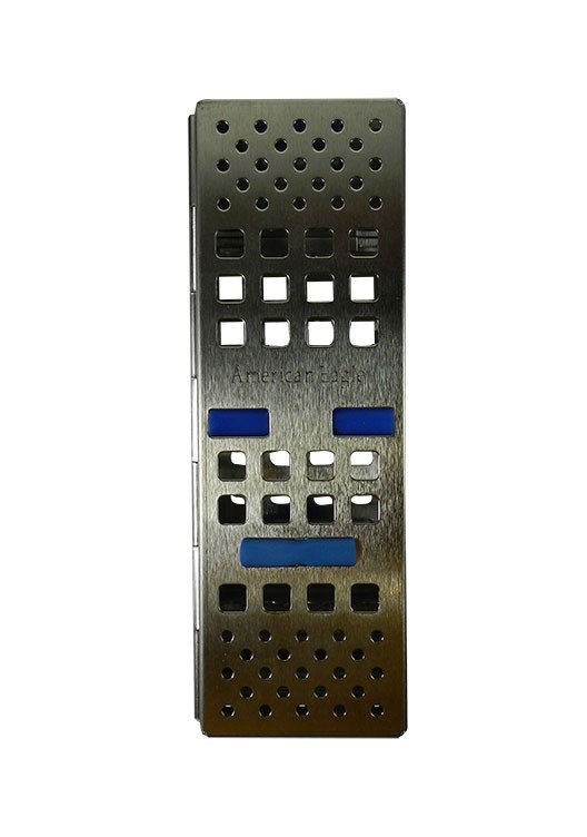 American Eagle OVS sterilization cassette in steel with open ventilation system for five instruments, designed for medical sterilization.
