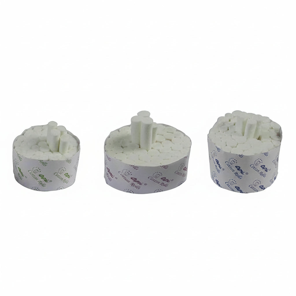 Assorted Capri cotton rolls in a cotton dispenser, showing various sizes and textures for medical or personal use