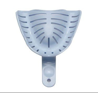 Asetk Innovations large dentate lower impression tray for heat-mouldable dental impressions, shown in a package with tray details.