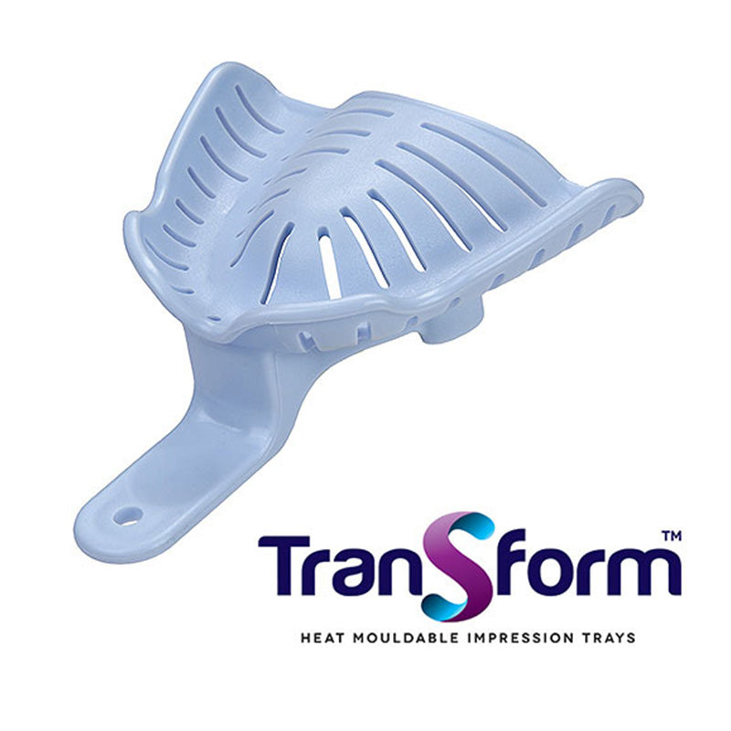 A set of large lower dentate Transform Heat Mouldable Impression Trays by Astek Innovations, ideal for dental impressions.