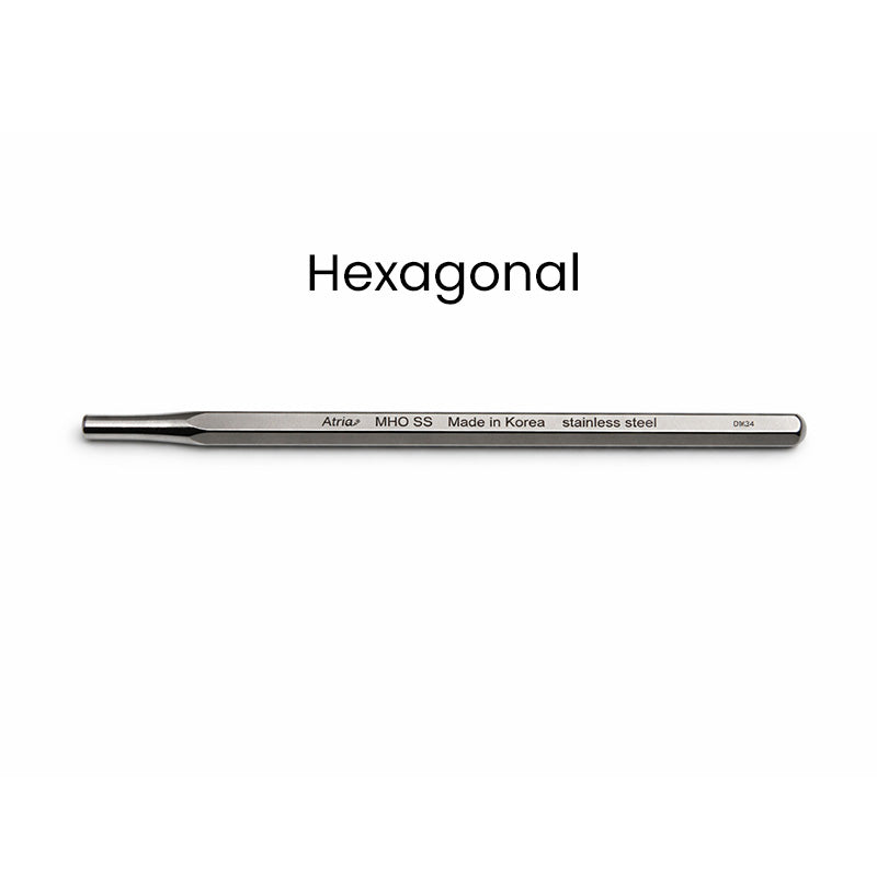Atria stainless steel handle for dental mouth mirror, diagnostic tool with hexagonal grip and durable metal construction.