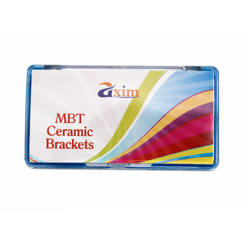 Axim ceramic aesthetic brackets for orthodontic use, Roth and MBT types, shown in a kit with 20 brackets on a white background.