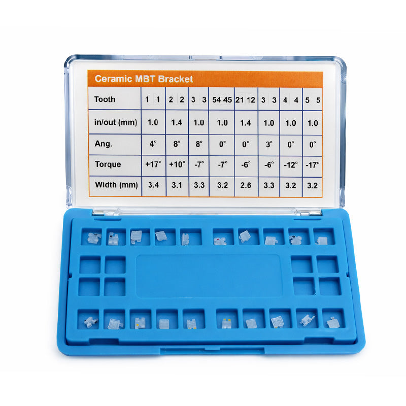 Axim ceramic aesthetic brackets for orthodontic treatment, Roth and MBT types, shown in a set of 20 brackets on a white background.