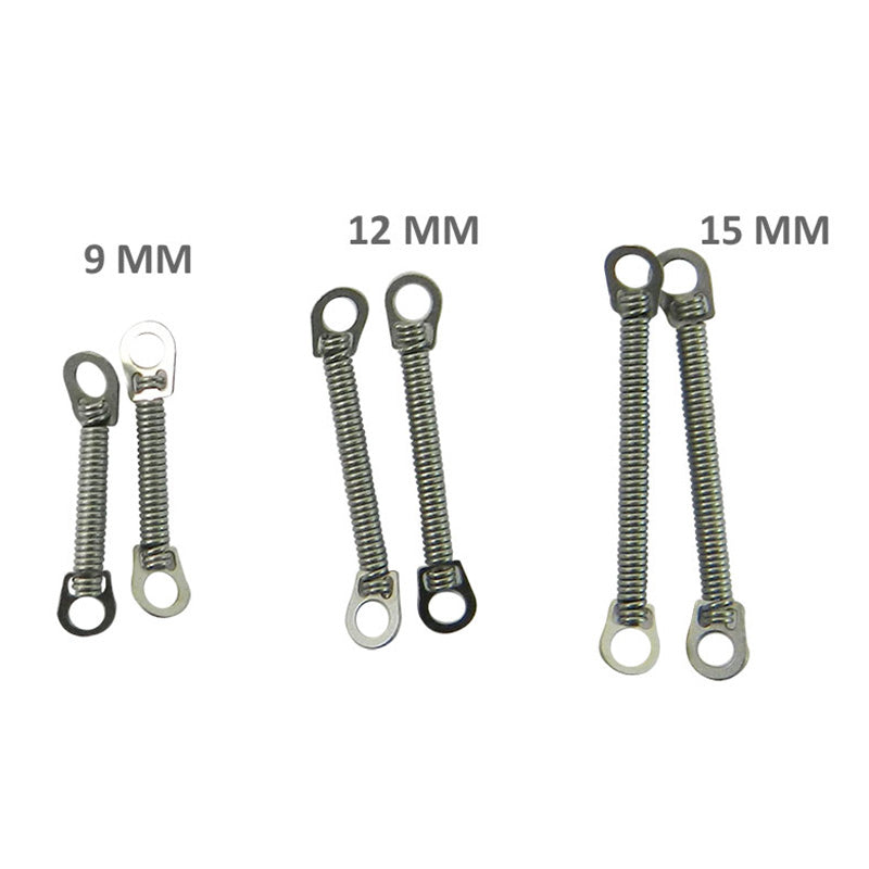 Axim Niti closed coil springs with eyelets, 12 mm diameter, shown in a close-up view of the coil springs with eyelet ends.
