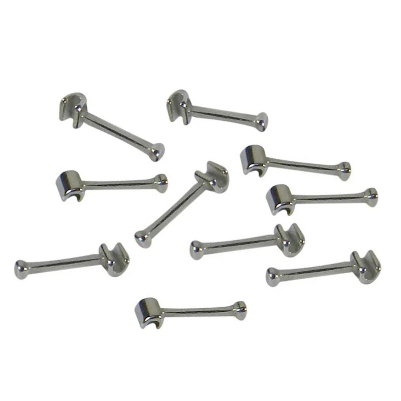 Axim weldable crimpable hooks 021 x 025, long 7.5 mm, shown with the metallic hooks and crimping tool for secure attachment.