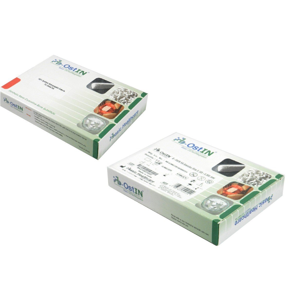 B-Ostin HT synthetic bone graft vial with 60% hydroxyapatite and 40% β-TCP, 0.355-0.500 mm, in 0.5 cc packaging.