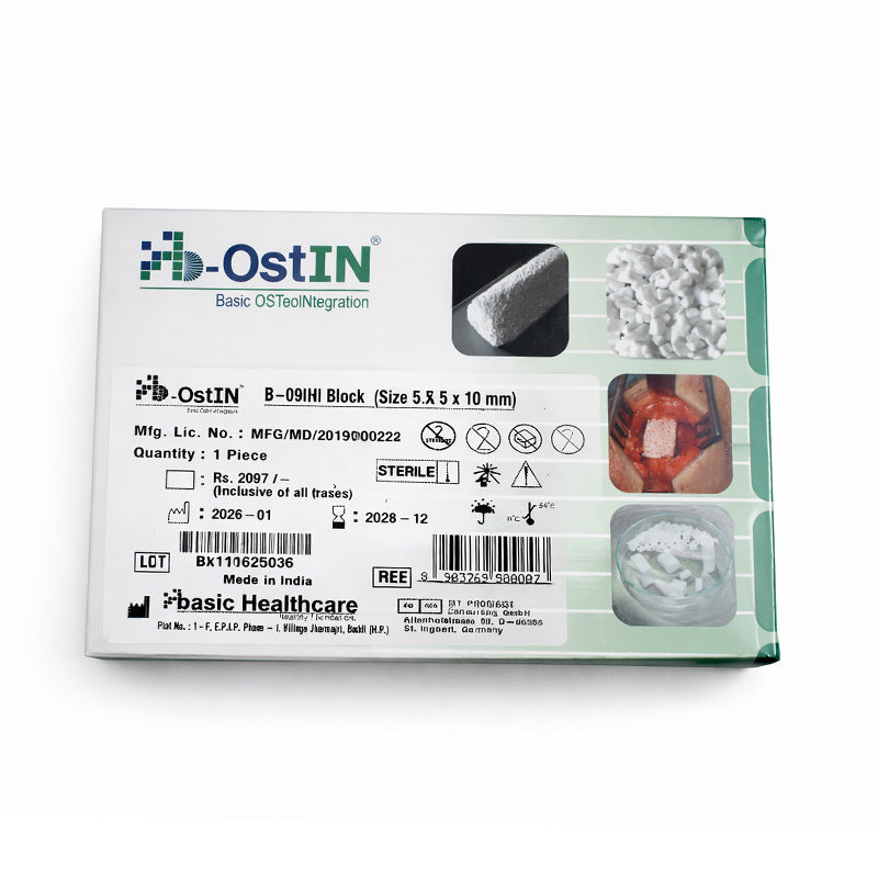 B-Ostin HA BoneGraft Block 5x5x10 mm synthetic bone substitute in pouch packaging, used for dental or orthopedic procedures.