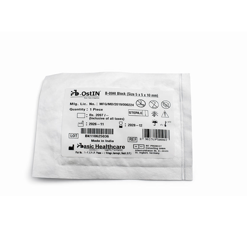 B-Ostin HA Block 5x5x10 mm synthetic bone graft substitute in pouch packaging, showing the small rectangular bone graft block.