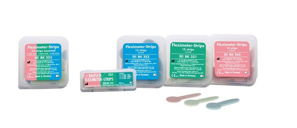 Bausch Fleximeter-Strips articulating paper for dental use, showing flexible, lightweight film for precise bite registration.