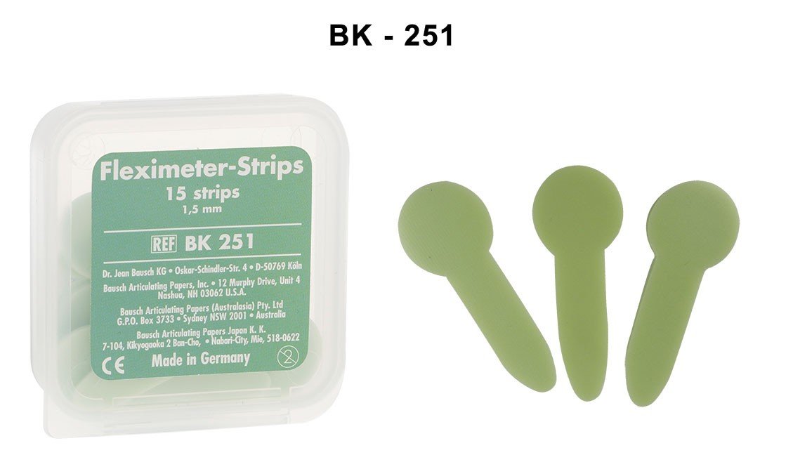 Bausch Fleximeter-Strips articulating paper for dental exams, showing four flexible, thin paper strips used for bite analysis.