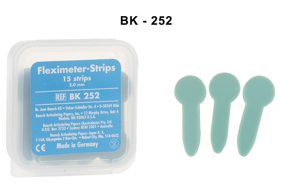 Bausch Fleximeter-Strips articulating paper in a clear, thin film for dental bite registration, shown in packaging.
