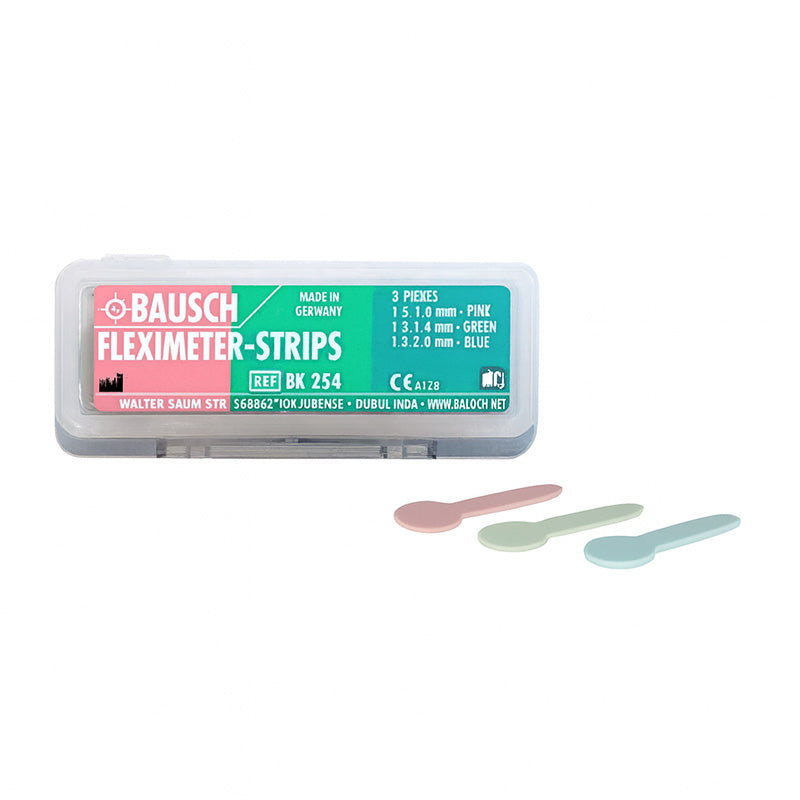 Bausch Fleximeter-Strips articulating paper flims used for dental bite and occlusion testing, shown in the image.