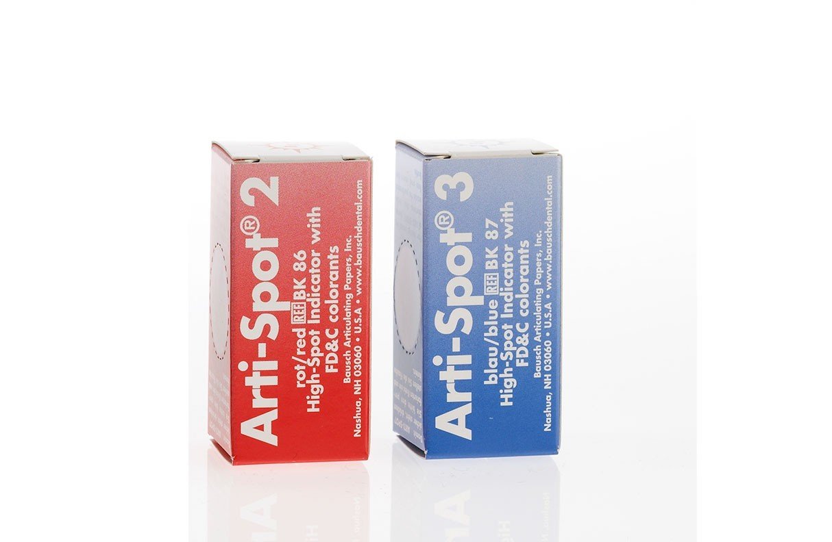 Bausch Arti Spot 15 ml articulating paper in a sealed packet, used for precise dental bite registration.