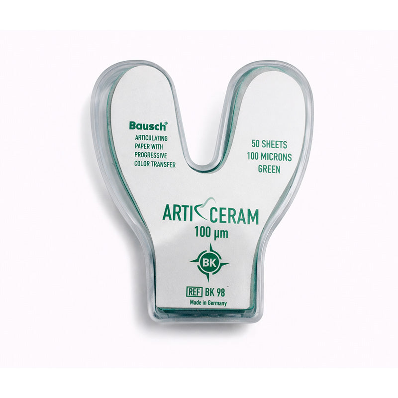 Bausch Arti-Ceram articulating paper flim strips for dental occlusion marking, 100-meter size, used in dental procedures.