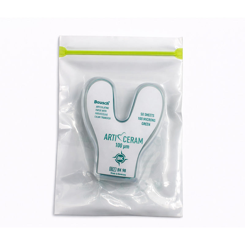 Bausch Arti-Ceram articulating paper flim for dental occlusion testing, shown in 100-meter strips on a white background.