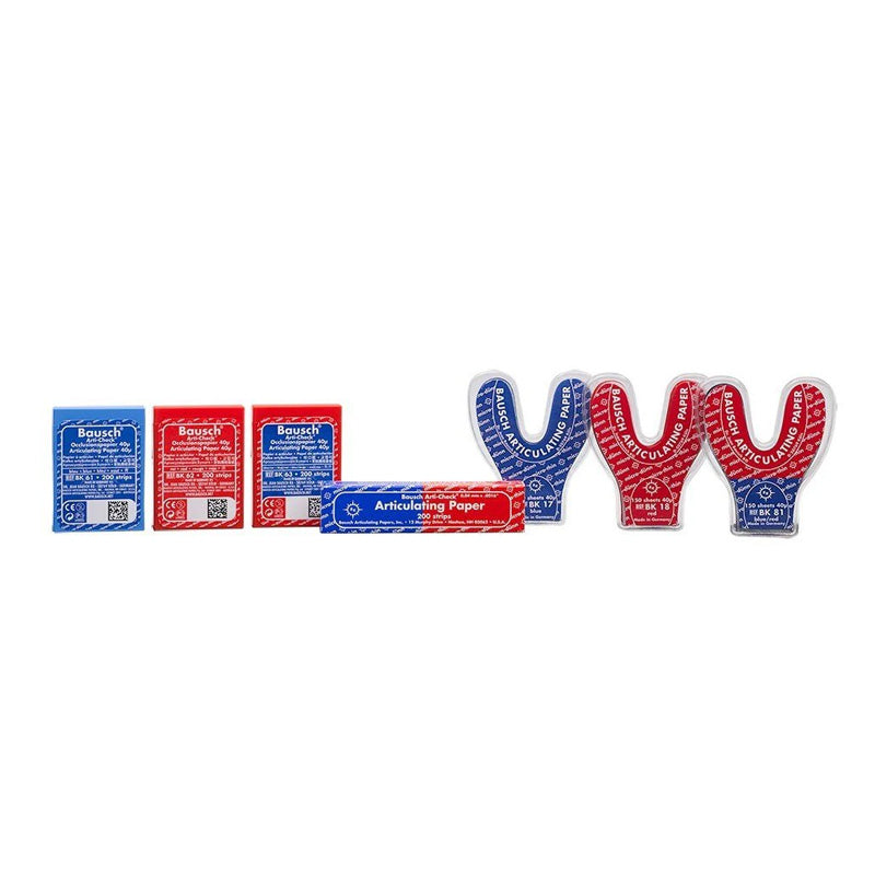 Bausch Arti-Check articulating paper, double-sided micro-thin 40µ, showing the flexible, double-sided film used for dental occlusion testing.