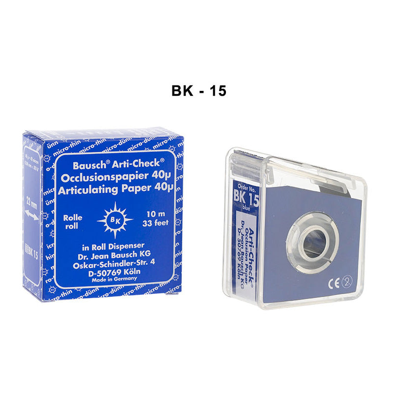 Bausch Arti-Check articulating paper, double-sided micro-thin 40µ, shown as a slim, flexible film for dental or clinical use.