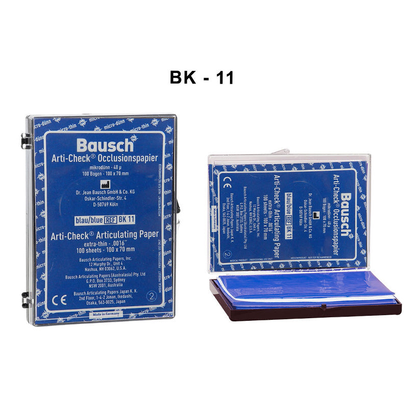 Bausch Arti-Check articulating paper, double-sided micro-thin 40µ, used for dental bite registration and occlusion analysis.