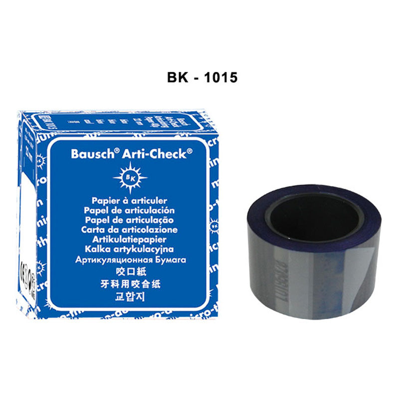 Blue Bausch Arti-Check articulating paper, double-sided micro-thin 40µ, 22mm flap for dental marking and bite registration.
