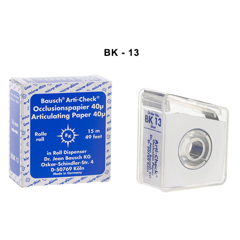 Bausch Arti-Check articulating paper, double-sided micro-thin 40µ, showcasing the flexible, lightweight film for dental bite registration.