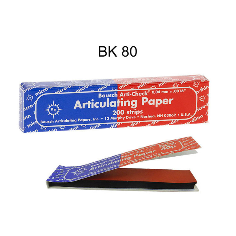 Bausch Arti-Check articulating paper, double-sided micro thin 40µ, depicting the slim, flexible film used for dental bite registration.