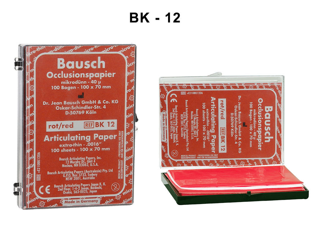 Bausch Arti-Check articulating paper, double-sided micro-thin 40µ, shown as a lightweight, flexible film for dental occlusion testing.