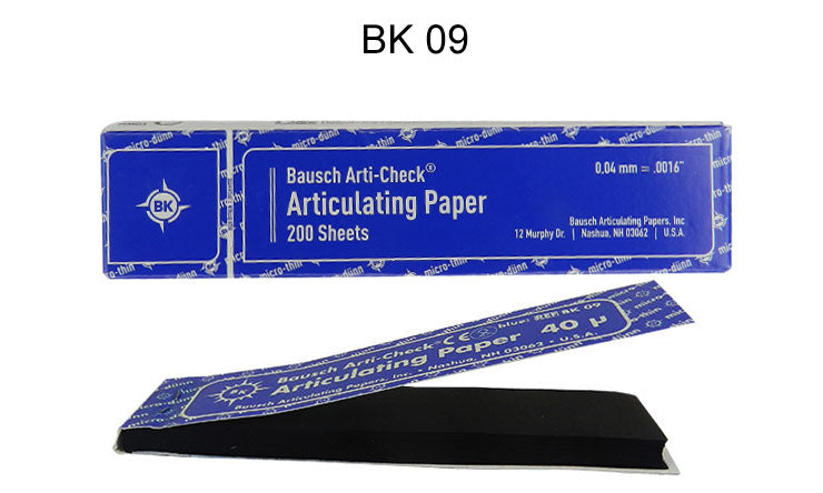 Bausch Arti-Check articulating paper, double-sided micro-thin 40µ, shown as a small, flexible film used for dental bite registration.