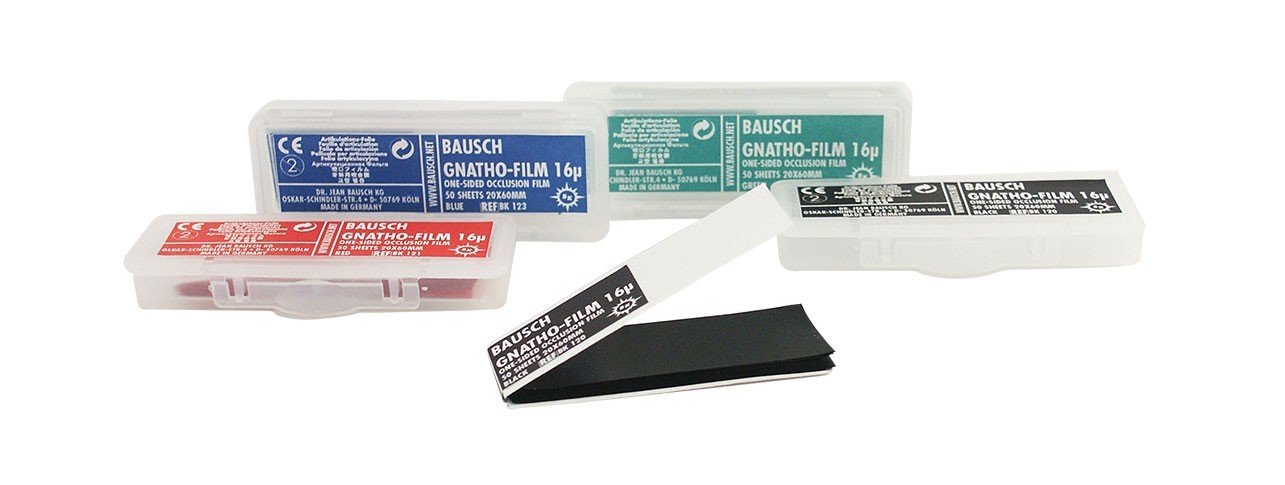 Bausch Gnatho-Film soft occlusal articulating paper, one-sided film, 16µ microns, used for dental bite marking and occlusion testing.