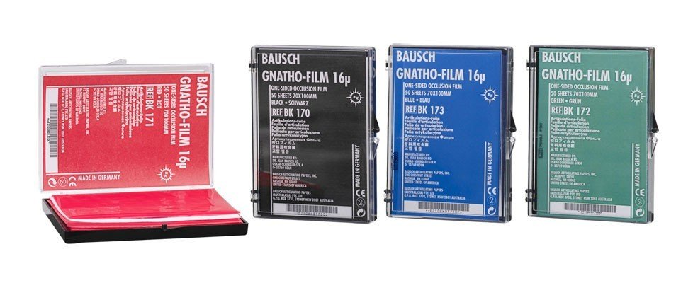 Bausch Gnatho-Film soft occlusal articulating paper with 16µ micron thickness, shown in a close-up image.