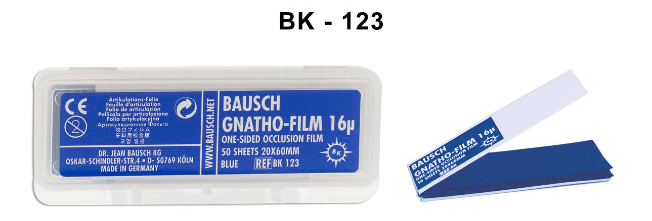 Bausch Gnatho-Film soft occlusal articulating paper film, one-sided, 16µ microns, used in dental bite mark analysis.