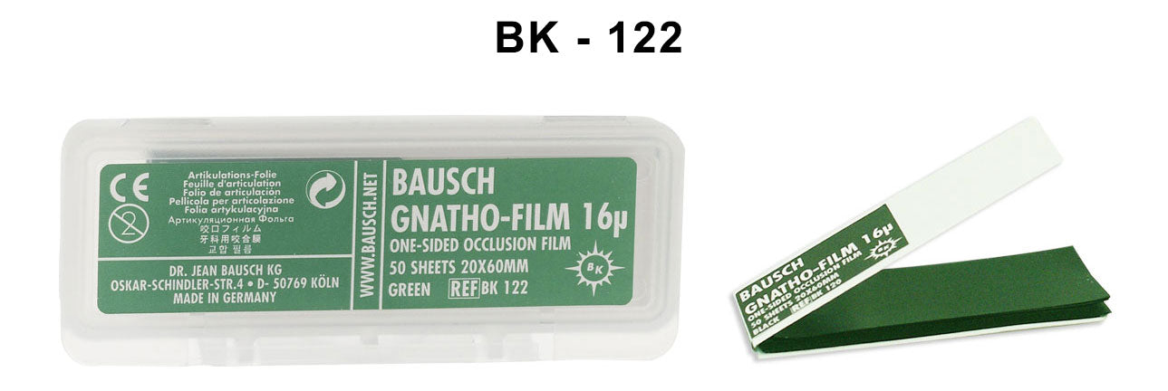 Bausch Gnatho-Film soft occlusal film, one-sided articulating paper with 16µ microns, shown in the image.