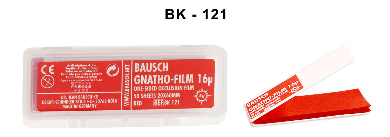 Bausch Gnatho-Film soft occlusal articulating paper film, one-sided, 16µ microns, shown in the image.