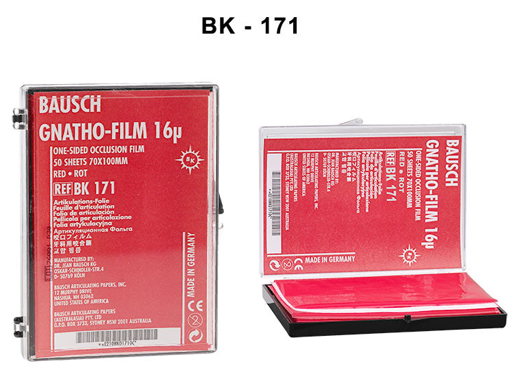 Bausch Gnatho-Film soft occlusal articulating paper film, one-sided, 16µ microns, shown in the image with packaging.