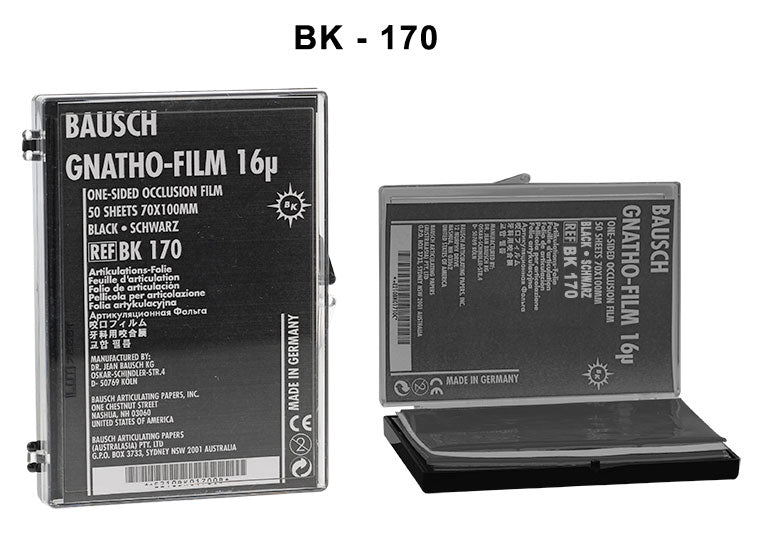 Bausch Gnatho-Film soft occlusal articulating paper film, one-sided, 16µ microns, used for dental bite marking and occlusion testing.