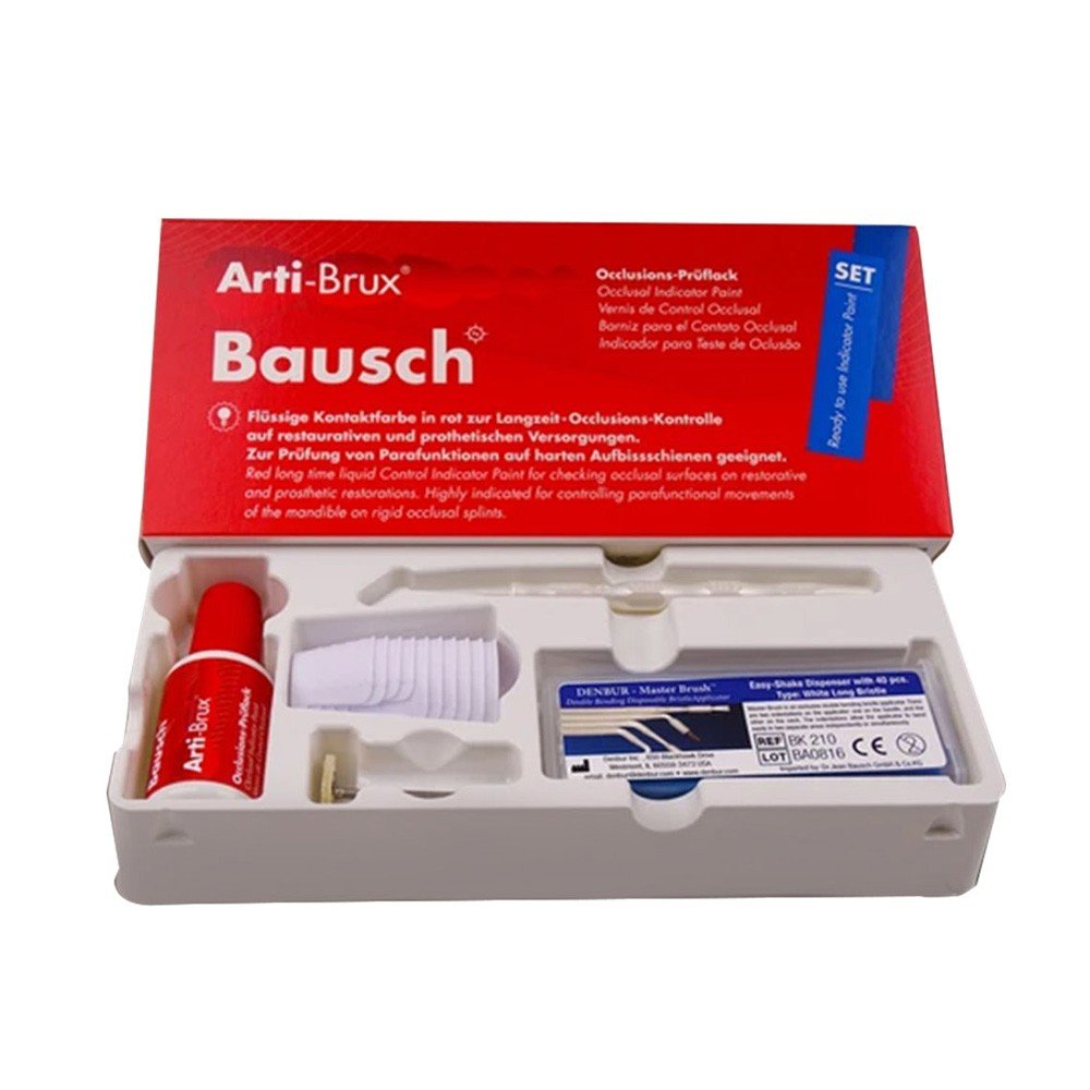 Bausch Arti-Brux Set with Indicator Paint, articulating paper flim for dental bite analysis, showing multiple sheets and indicator paint.