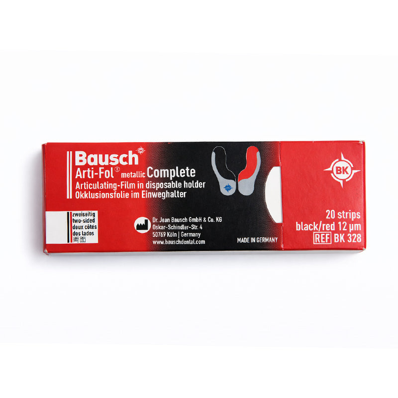 Bausch Arti-Fol 12µ articulating film for dental exams, showing thin, flexible dental articulating paper on a white background.